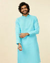 alt message - Manyavar Men Ocean Blue Self Design Kurta Set image number 0